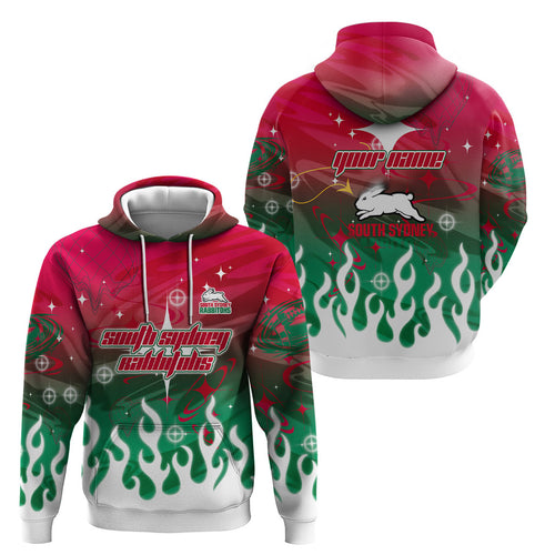 Personalized South Sydney Rabbitohs Hoodie Y2K Grunge Aesthetic With Cyber Flames and Starburst Graphics