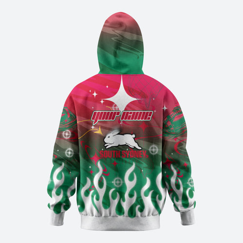 Personalized South Sydney Rabbitohs Hoodie Y2K Grunge Aesthetic With Cyber Flames and Starburst Graphics