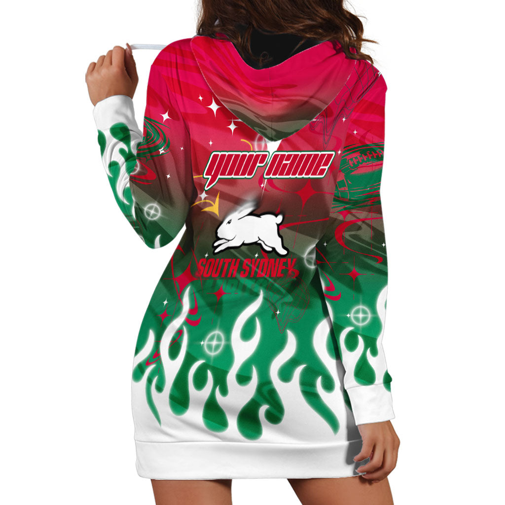 Personalized South Sydney Rabbitohs Hoodie Dress Y2K Grunge Aesthetic With Cyber Flames and Starburst Graphics