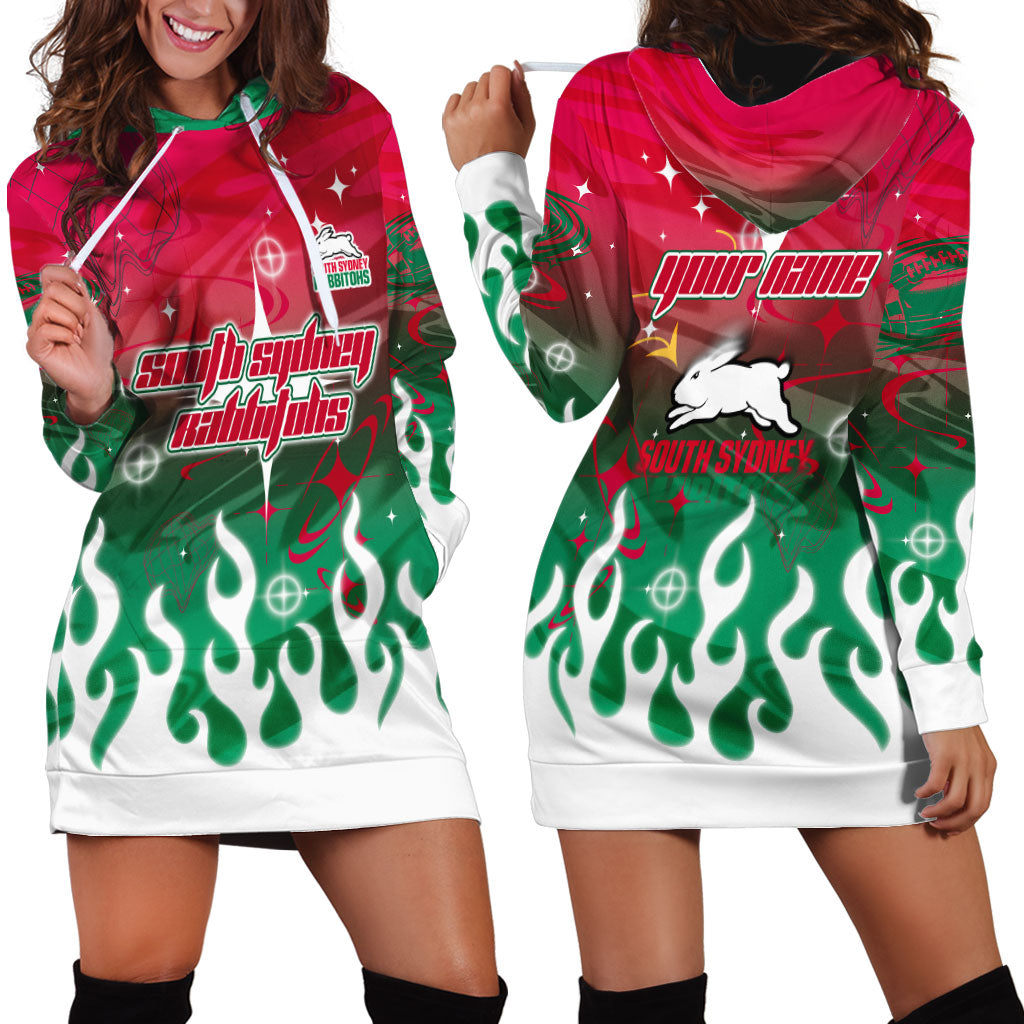 Personalized South Sydney Rabbitohs Hoodie Dress Y2K Grunge Aesthetic With Cyber Flames and Starburst Graphics