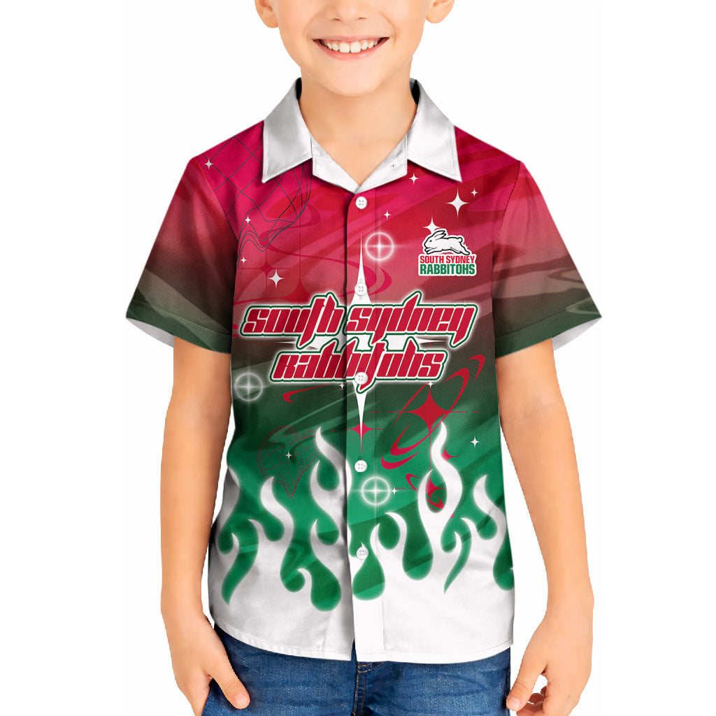 Personalized South Sydney Rabbitohs Kid Hawaiian Shirt Y2K Grunge Aesthetic With Cyber Flames and Starburst Graphics