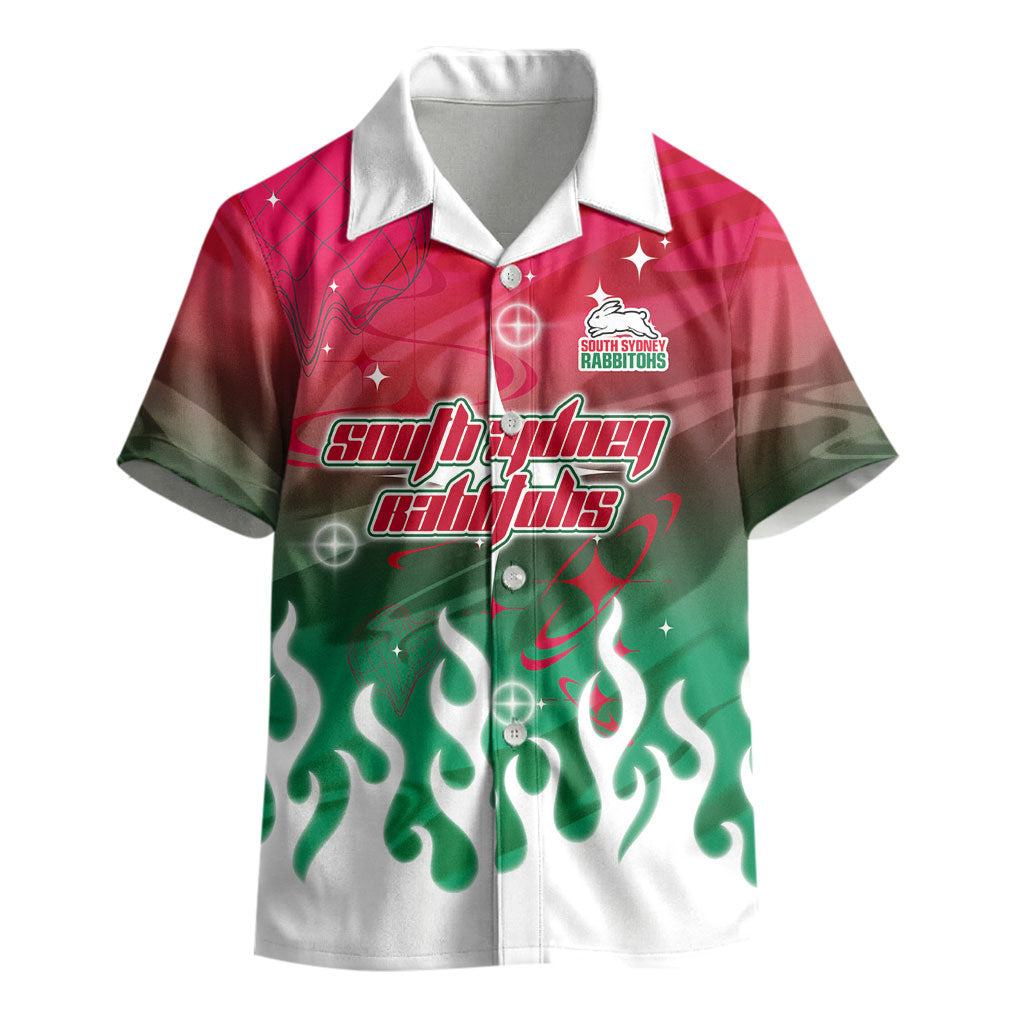 Personalized South Sydney Rabbitohs Kid Hawaiian Shirt Y2K Grunge Aesthetic With Cyber Flames and Starburst Graphics