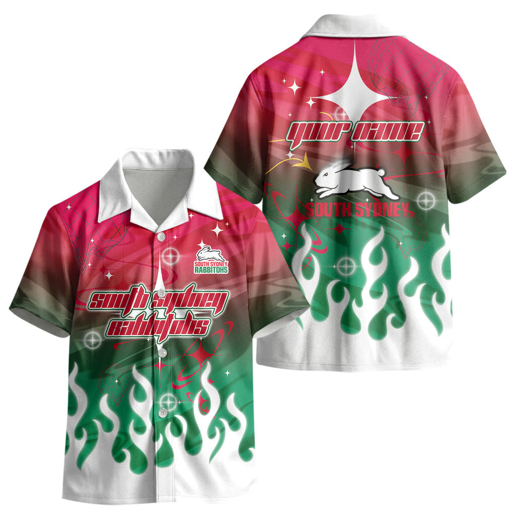 Personalized South Sydney Rabbitohs Kid Hawaiian Shirt Y2K Grunge Aesthetic With Cyber Flames and Starburst Graphics