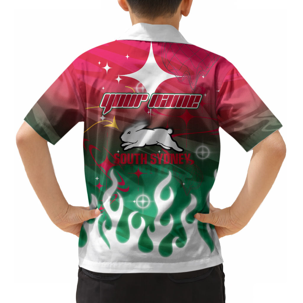 Personalized South Sydney Rabbitohs Kid Hawaiian Shirt Y2K Grunge Aesthetic With Cyber Flames and Starburst Graphics