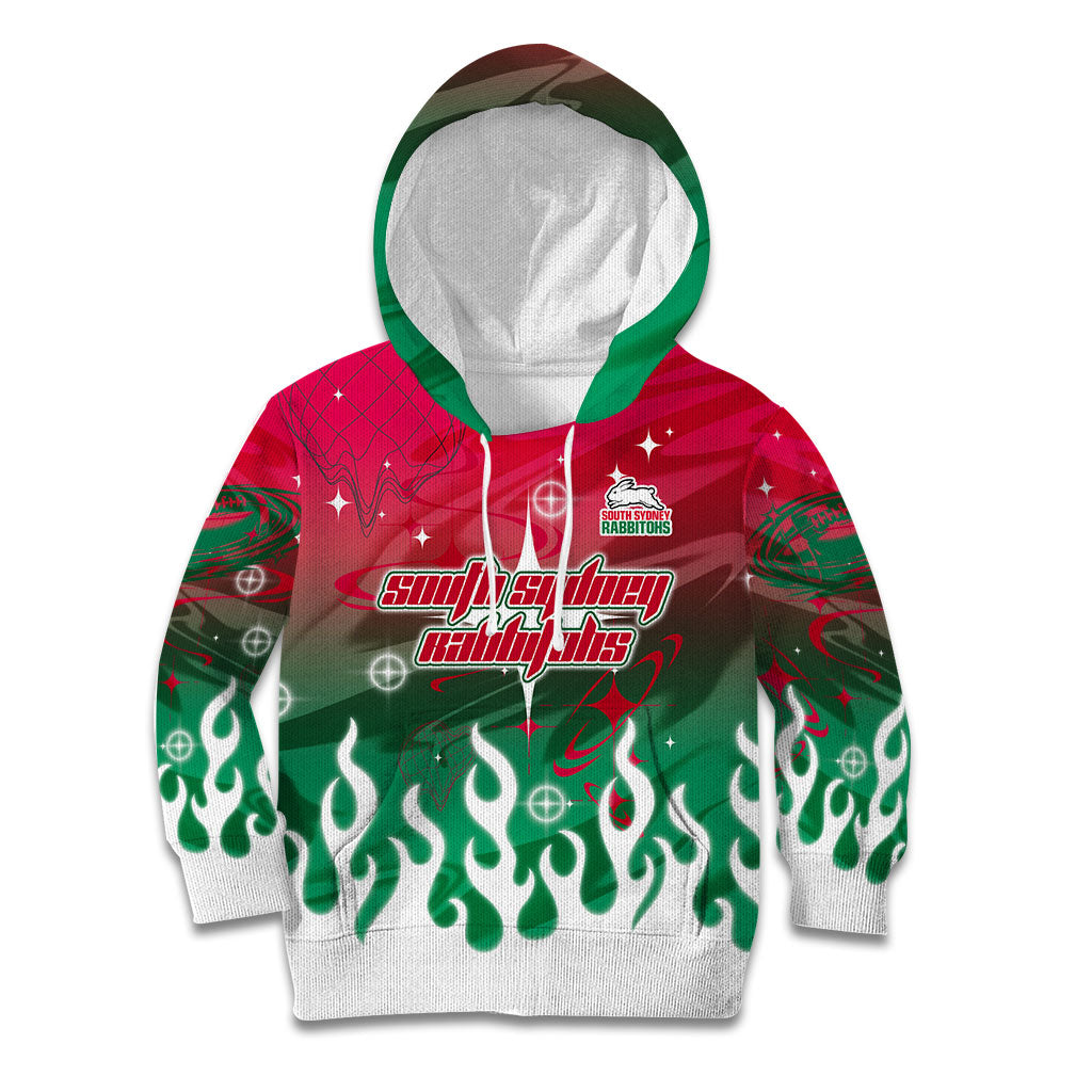Personalized South Sydney Rabbitohs Kid Hoodie Y2K Grunge Aesthetic With Cyber Flames and Starburst Graphics