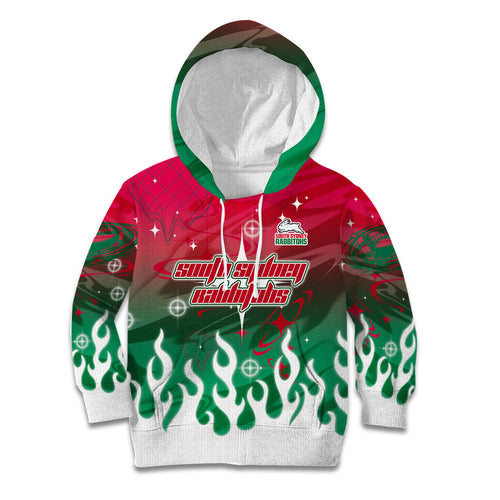 Personalized South Sydney Rabbitohs Kid Hoodie Y2K Grunge Aesthetic With Cyber Flames and Starburst Graphics