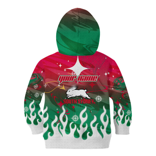 Personalized South Sydney Rabbitohs Kid Hoodie Y2K Grunge Aesthetic With Cyber Flames and Starburst Graphics