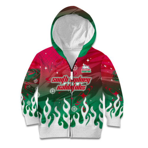 Personalized South Sydney Rabbitohs Kid Hoodie Y2K Grunge Aesthetic With Cyber Flames and Starburst Graphics