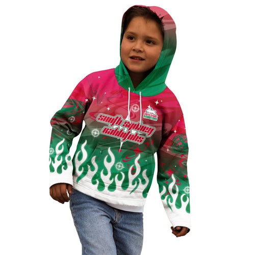 Personalized South Sydney Rabbitohs Kid Hoodie Y2K Grunge Aesthetic With Cyber Flames and Starburst Graphics