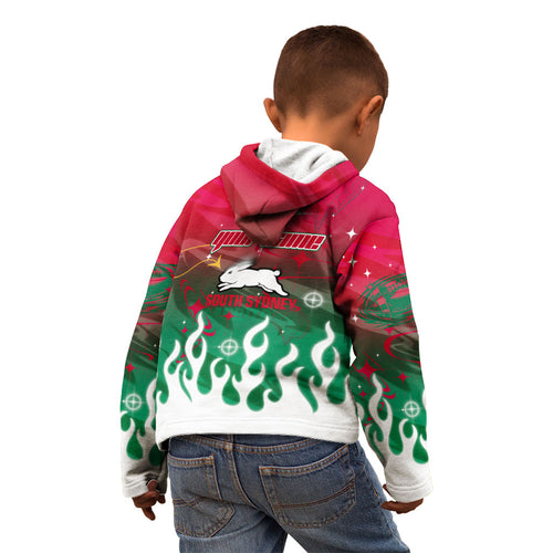 Personalized South Sydney Rabbitohs Kid Hoodie Y2K Grunge Aesthetic With Cyber Flames and Starburst Graphics