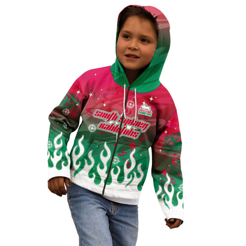 Personalized South Sydney Rabbitohs Kid Hoodie Y2K Grunge Aesthetic With Cyber Flames and Starburst Graphics