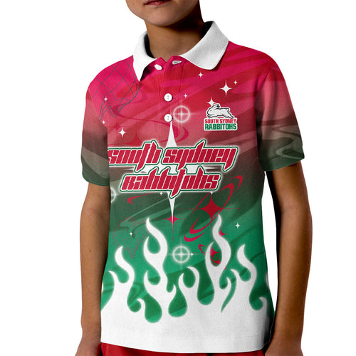 Personalized South Sydney Rabbitohs Kid Polo Shirt Y2K Grunge Aesthetic With Cyber Flames and Starburst Graphics