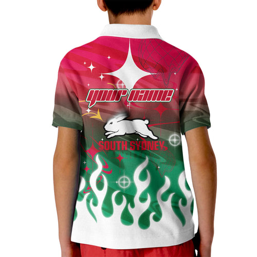 Personalized South Sydney Rabbitohs Kid Polo Shirt Y2K Grunge Aesthetic With Cyber Flames and Starburst Graphics