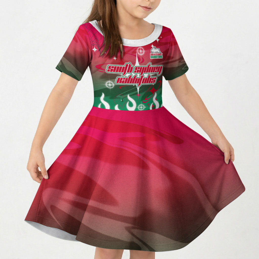 Personalized South Sydney Rabbitohs Kid Short Sleeve Dress Y2K Grunge Aesthetic With Cyber Flames and Starburst Graphics