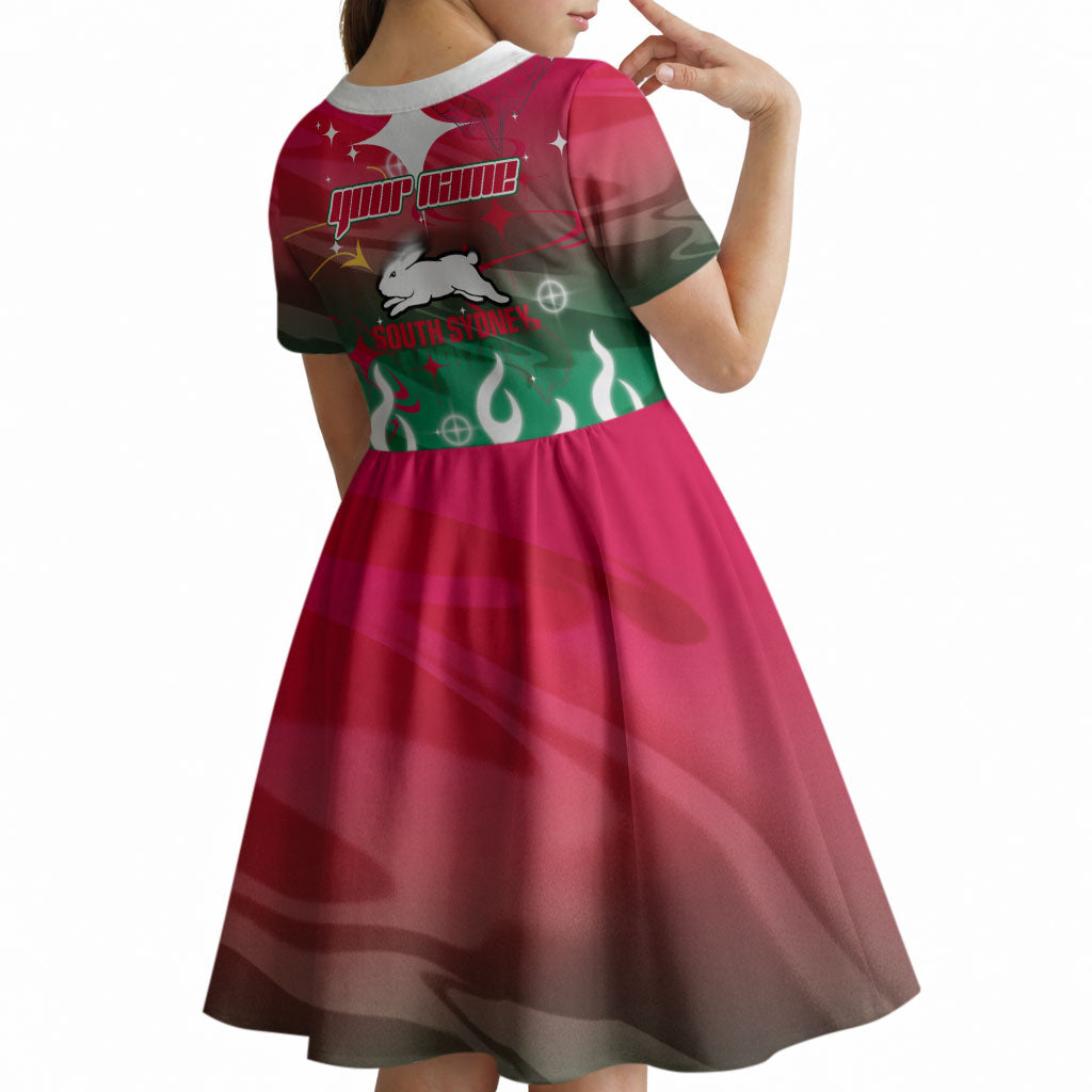 Personalized South Sydney Rabbitohs Kid Short Sleeve Dress Y2K Grunge Aesthetic With Cyber Flames and Starburst Graphics