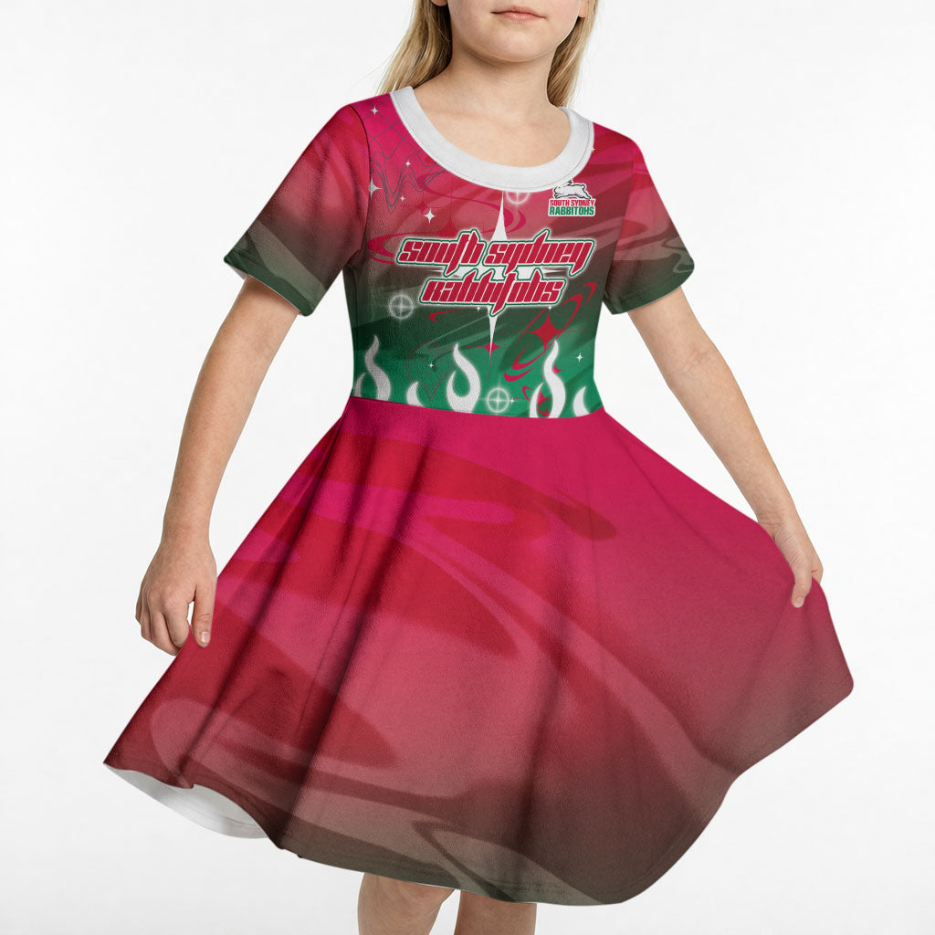 Personalized South Sydney Rabbitohs Kid Short Sleeve Dress Y2K Grunge Aesthetic With Cyber Flames and Starburst Graphics