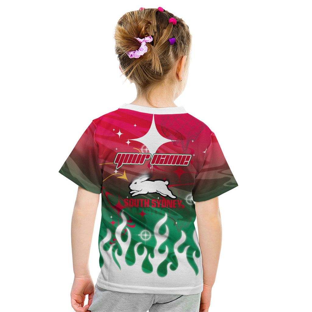 Personalized South Sydney Rabbitohs Kid T Shirt Y2K Grunge Aesthetic With Cyber Flames and Starburst Graphics