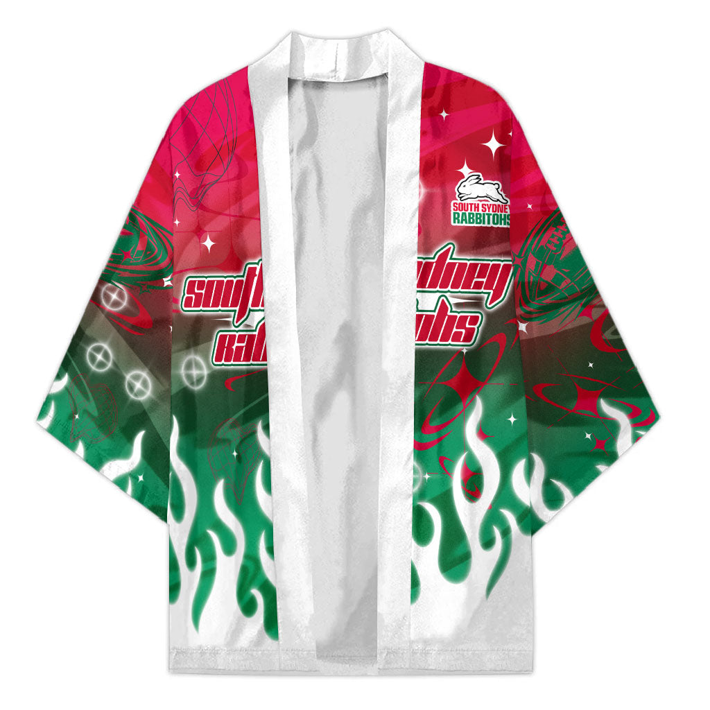 Personalized South Sydney Rabbitohs Kimono Y2K Grunge Aesthetic With Cyber Flames and Starburst Graphics