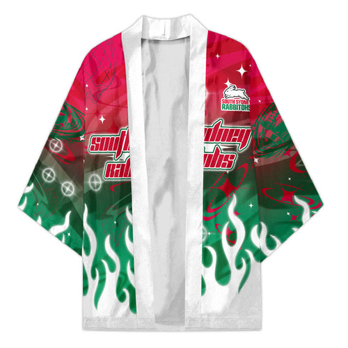 Personalized South Sydney Rabbitohs Kimono Y2K Grunge Aesthetic With Cyber Flames and Starburst Graphics