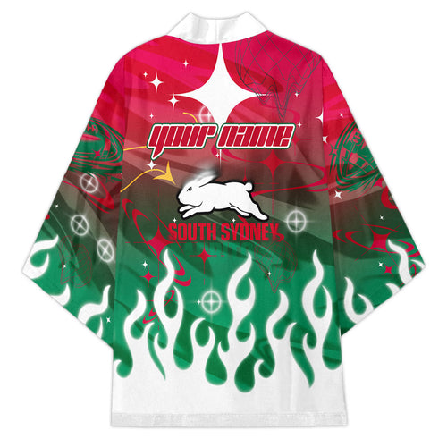 Personalized South Sydney Rabbitohs Kimono Y2K Grunge Aesthetic With Cyber Flames and Starburst Graphics