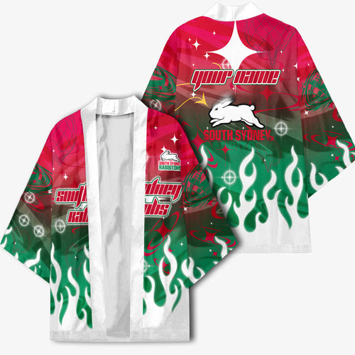 Personalized South Sydney Rabbitohs Kimono Y2K Grunge Aesthetic With Cyber Flames and Starburst Graphics