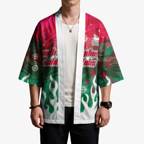 Personalized South Sydney Rabbitohs Kimono Y2K Grunge Aesthetic With Cyber Flames and Starburst Graphics