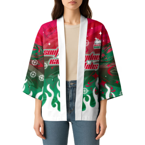 Personalized South Sydney Rabbitohs Kimono Y2K Grunge Aesthetic With Cyber Flames and Starburst Graphics