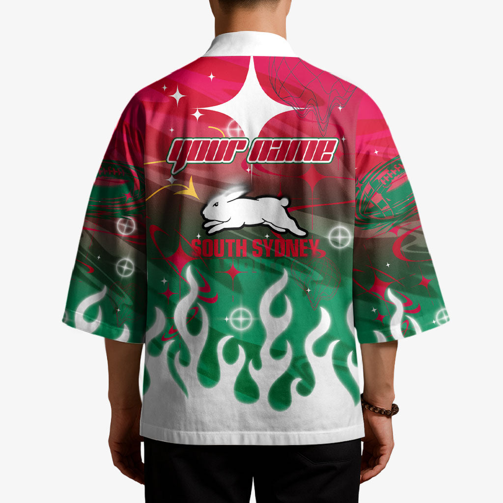 Personalized South Sydney Rabbitohs Kimono Y2K Grunge Aesthetic With Cyber Flames and Starburst Graphics