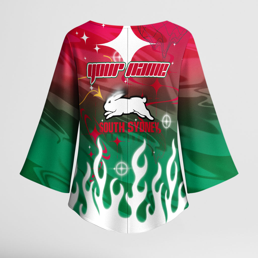 Personalized South Sydney Rabbitohs Kimono Sleeve Blouse Y2K Grunge Aesthetic With Cyber Flames and Starburst Graphics