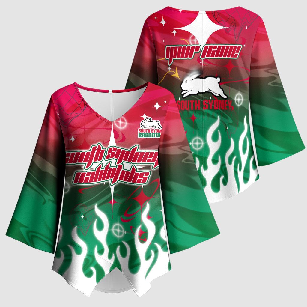 Personalized South Sydney Rabbitohs Kimono Sleeve Blouse Y2K Grunge Aesthetic With Cyber Flames and Starburst Graphics