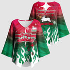 Personalized South Sydney Rabbitohs Kimono Sleeve Blouse Y2K Grunge Aesthetic With Cyber Flames and Starburst Graphics