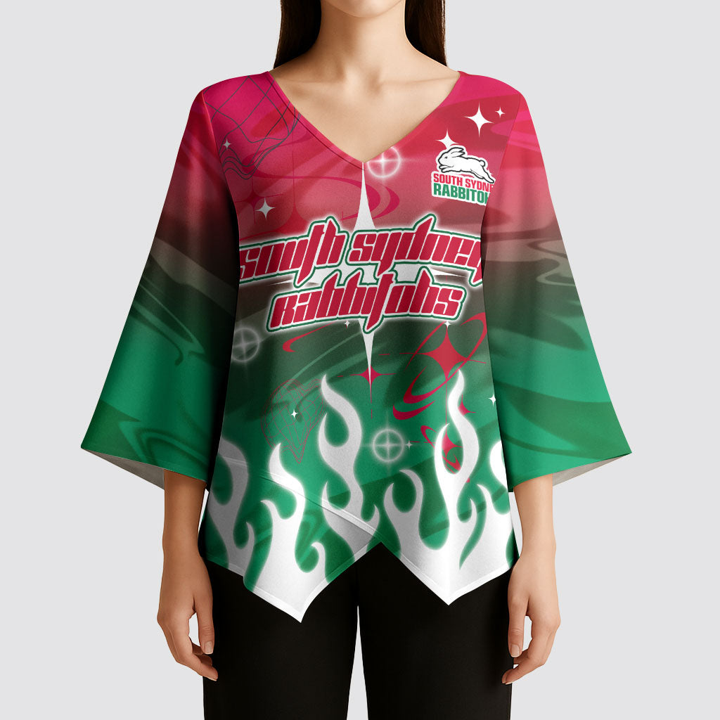 Personalized South Sydney Rabbitohs Kimono Sleeve Blouse Y2K Grunge Aesthetic With Cyber Flames and Starburst Graphics