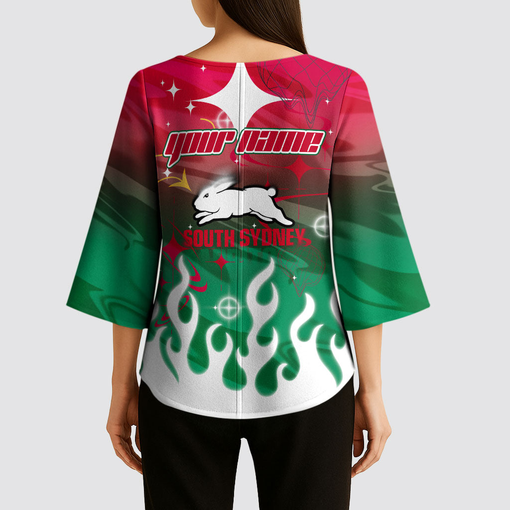 Personalized South Sydney Rabbitohs Kimono Sleeve Blouse Y2K Grunge Aesthetic With Cyber Flames and Starburst Graphics