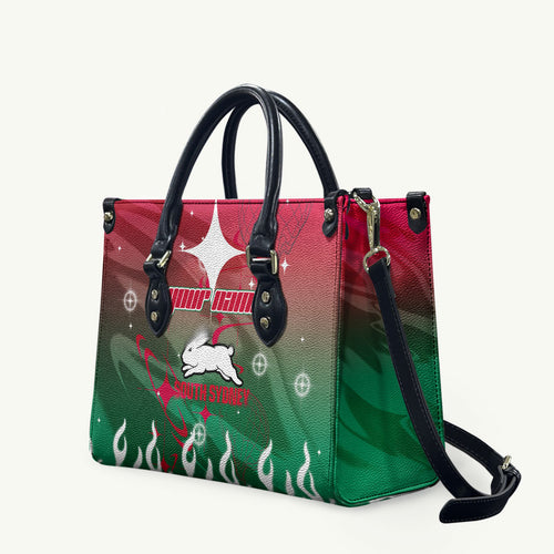 Personalized South Sydney Rabbitohs Leather Bag Y2K Grunge Aesthetic With Cyber Flames and Starburst Graphics