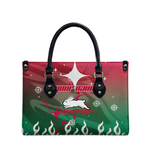 Personalized South Sydney Rabbitohs Leather Bag Y2K Grunge Aesthetic With Cyber Flames and Starburst Graphics