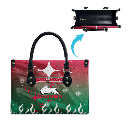 Personalized South Sydney Rabbitohs Leather Bag Y2K Grunge Aesthetic With Cyber Flames and Starburst Graphics