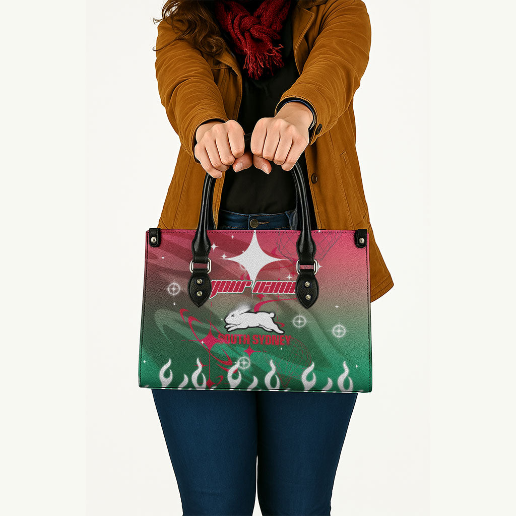Personalized South Sydney Rabbitohs Leather Bag Y2K Grunge Aesthetic With Cyber Flames and Starburst Graphics