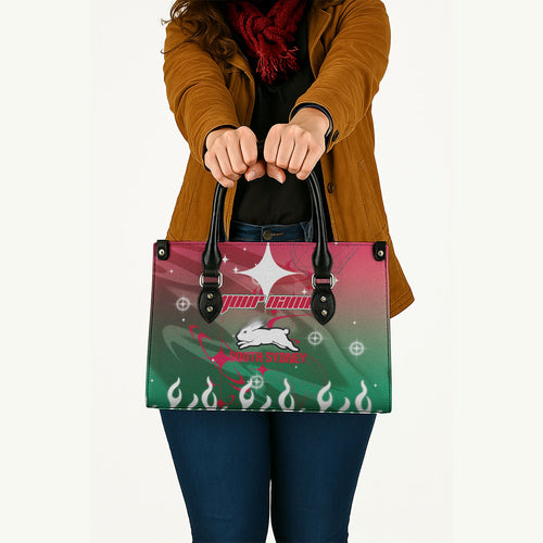 Personalized South Sydney Rabbitohs Leather Bag Y2K Grunge Aesthetic With Cyber Flames and Starburst Graphics