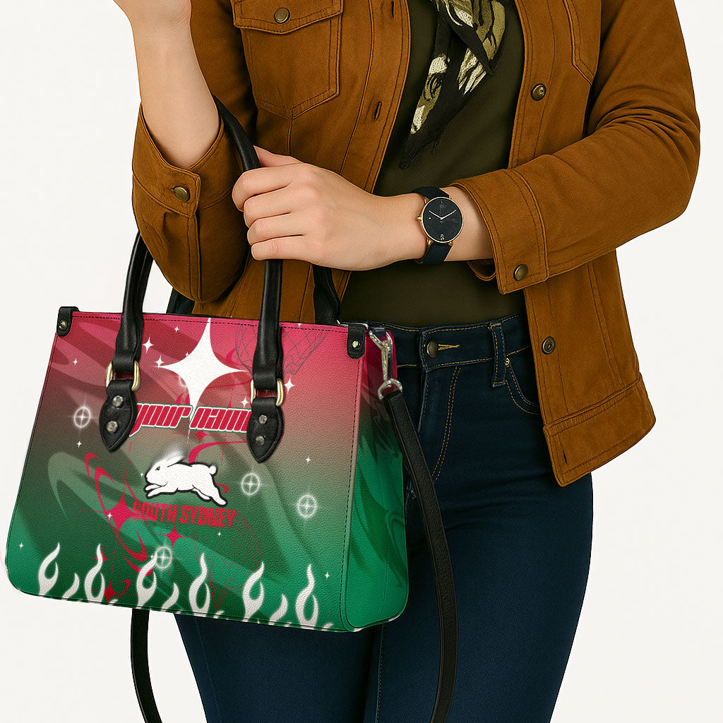 Personalized South Sydney Rabbitohs Leather Bag Y2K Grunge Aesthetic With Cyber Flames and Starburst Graphics