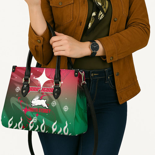 Personalized South Sydney Rabbitohs Leather Bag Y2K Grunge Aesthetic With Cyber Flames and Starburst Graphics