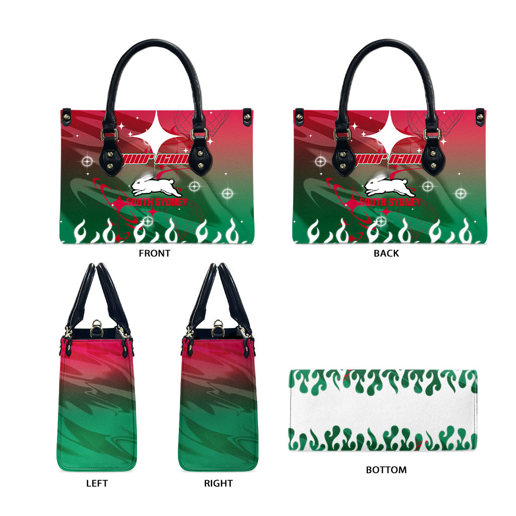 Personalized South Sydney Rabbitohs Leather Bag Y2K Grunge Aesthetic With Cyber Flames and Starburst Graphics