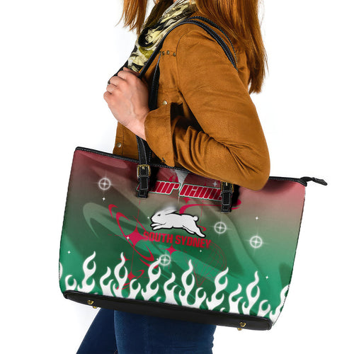 Personalized South Sydney Rabbitohs Leather Tote Bag Y2K Grunge Aesthetic With Cyber Flames and Starburst Graphics