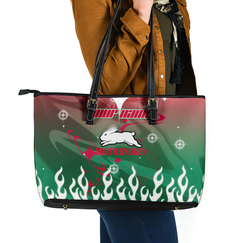 Personalized South Sydney Rabbitohs Leather Tote Bag Y2K Grunge Aesthetic With Cyber Flames and Starburst Graphics