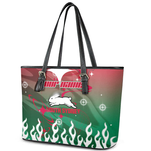 Personalized South Sydney Rabbitohs Leather Tote Bag Y2K Grunge Aesthetic With Cyber Flames and Starburst Graphics