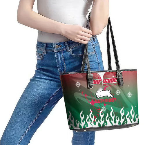 Personalized South Sydney Rabbitohs Leather Tote Bag Y2K Grunge Aesthetic With Cyber Flames and Starburst Graphics