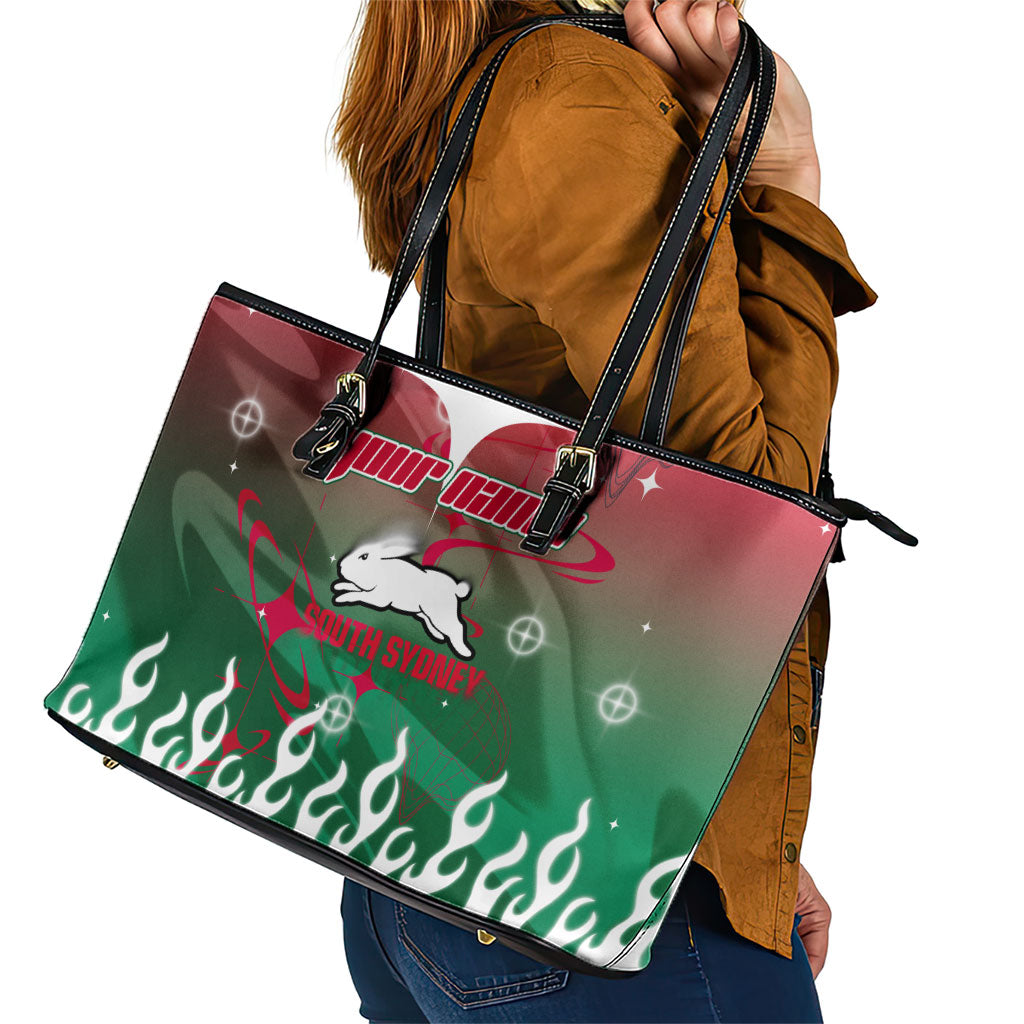 Personalized South Sydney Rabbitohs Leather Tote Bag Y2K Grunge Aesthetic With Cyber Flames and Starburst Graphics