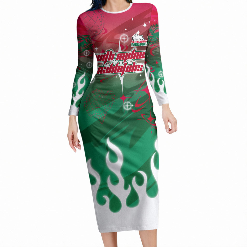 Personalized South Sydney Rabbitohs Long Sleeve Bodycon Dress Y2K Grunge Aesthetic With Cyber Flames and Starburst Graphics