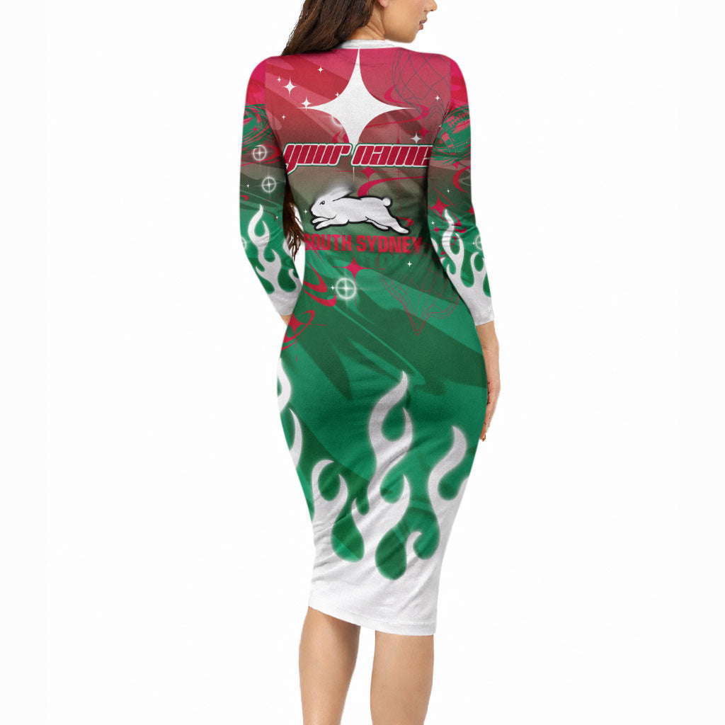 Personalized South Sydney Rabbitohs Long Sleeve Bodycon Dress Y2K Grunge Aesthetic With Cyber Flames and Starburst Graphics