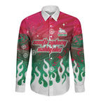 Personalized South Sydney Rabbitohs Long Sleeve Button Shirt Y2K Grunge Aesthetic With Cyber Flames and Starburst Graphics