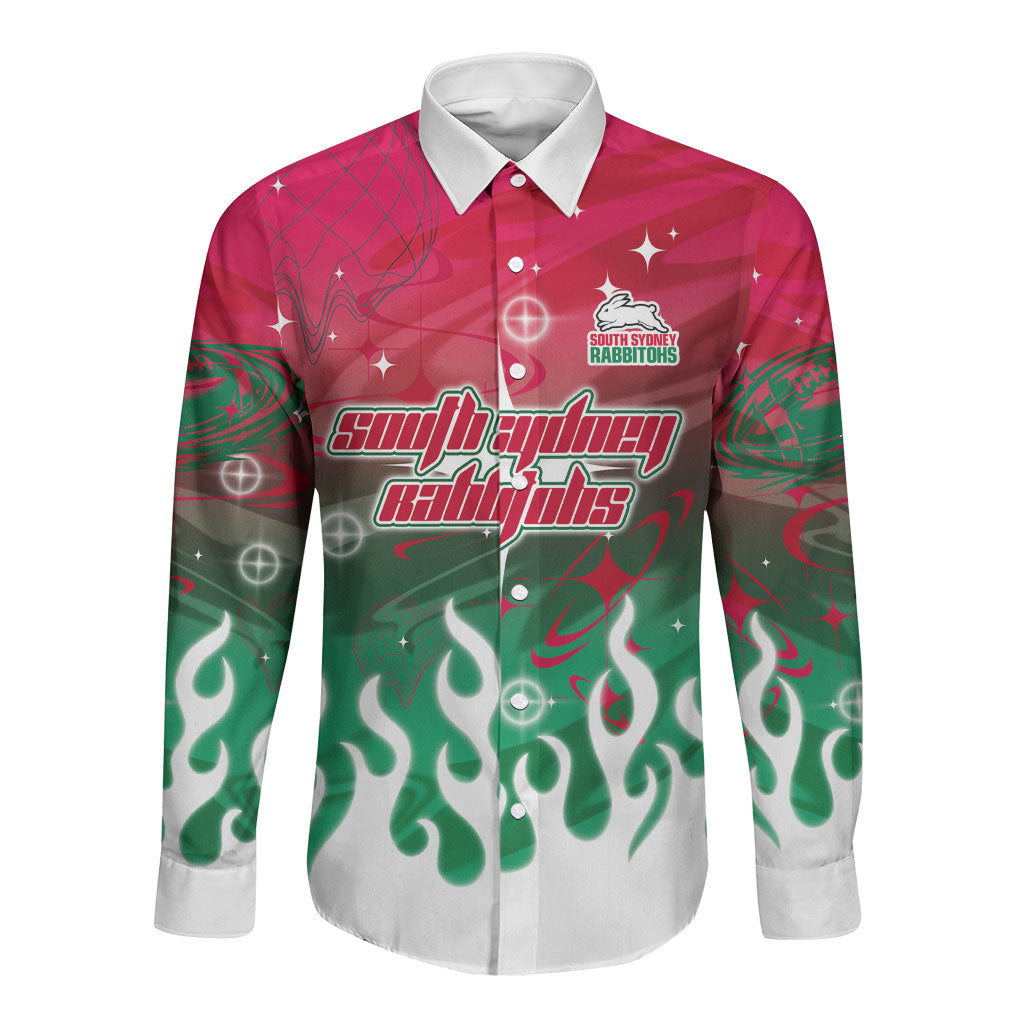 Personalized South Sydney Rabbitohs Long Sleeve Button Shirt Y2K Grunge Aesthetic With Cyber Flames and Starburst Graphics